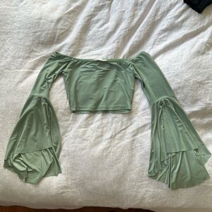 Flowy Green Cropped Top with Flare Sleeves